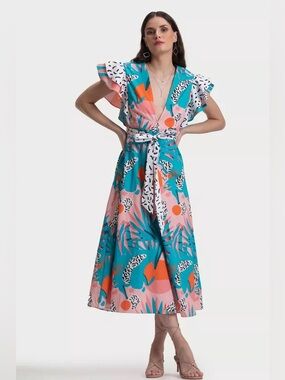 Ash & Eden Teal/Pink Printed Midi Wrap Dress with Self-Tie Belt